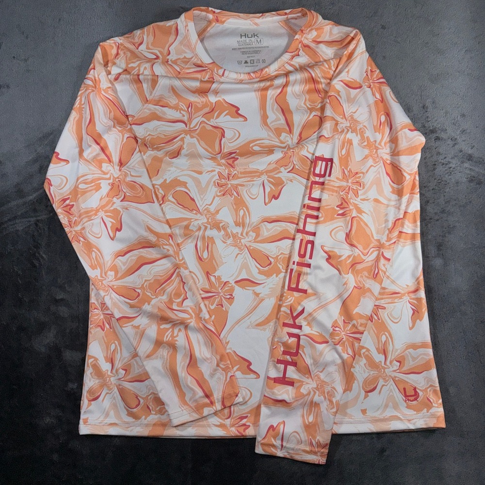 Huk Fishing Mens Medium Orange White Swirl Floral Long Sleeve Performance Shirt
